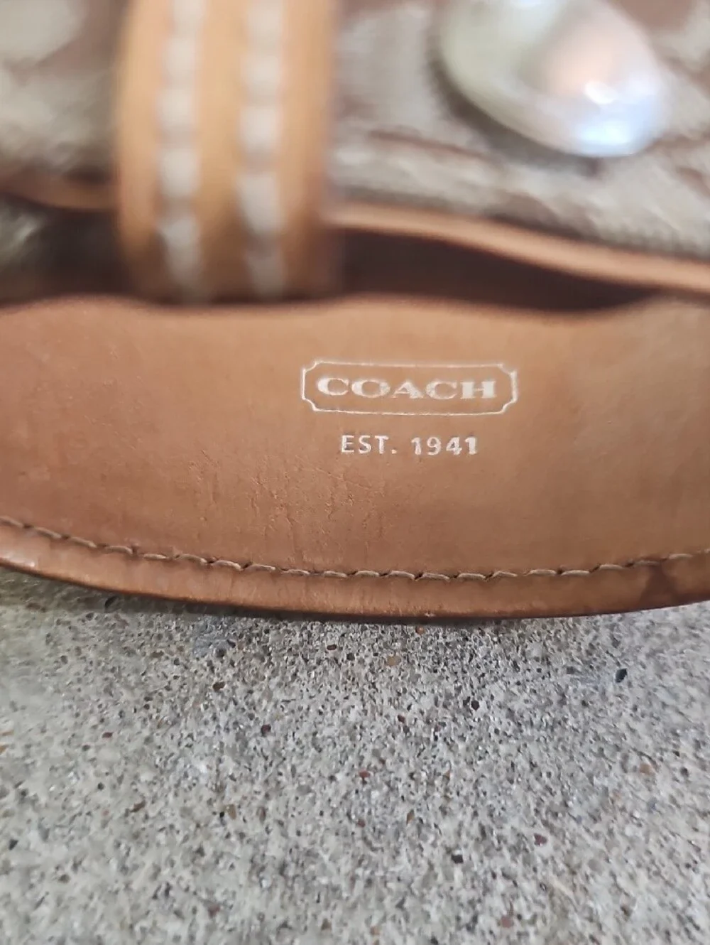 Coach Signature Jacquard Cuff Bracelet Brown Tan Logo Leather Snap Fashion